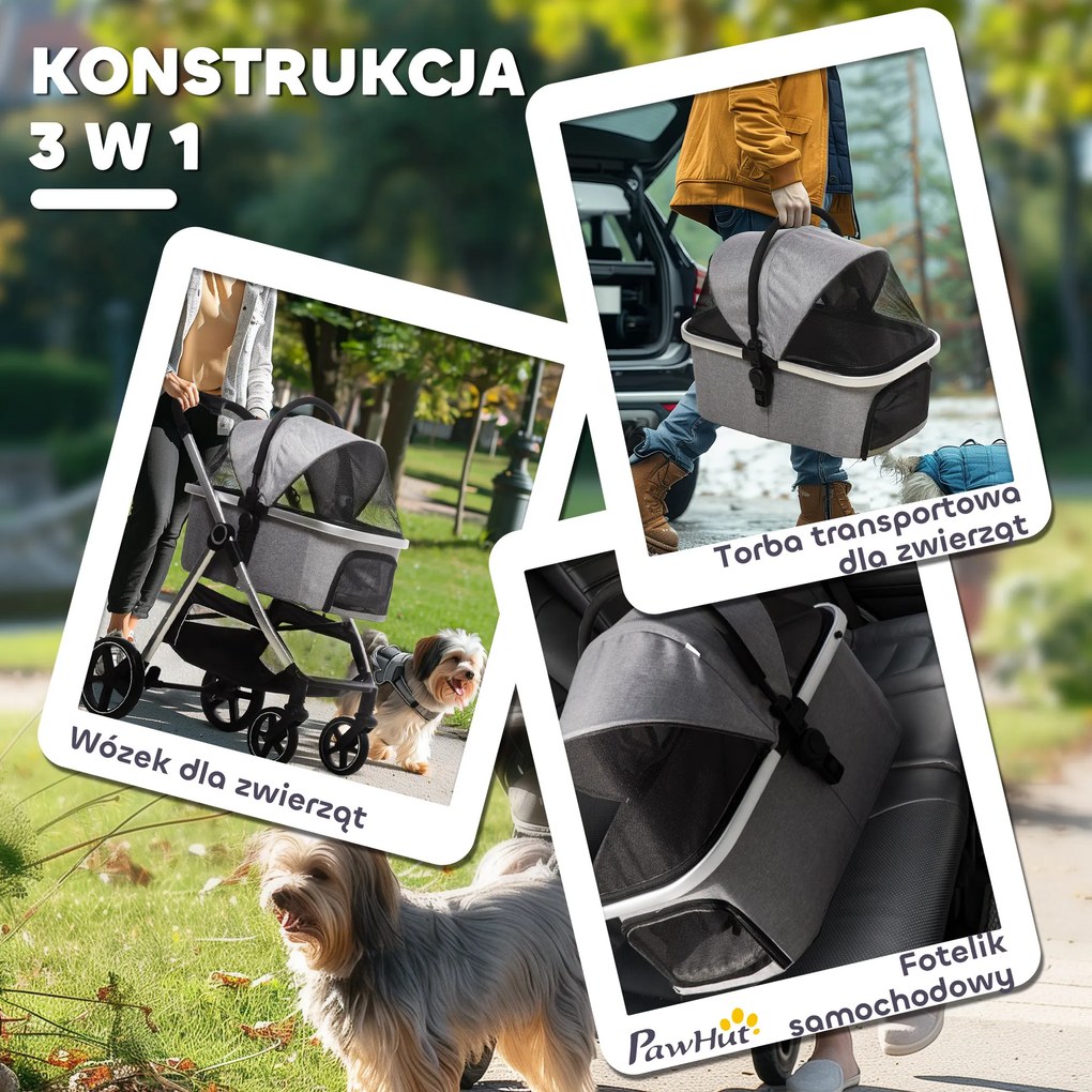 Outsunny Wózek dla Psa 2w1 Torba Transportowa Składany Szary do 20kg | Aosom PL
