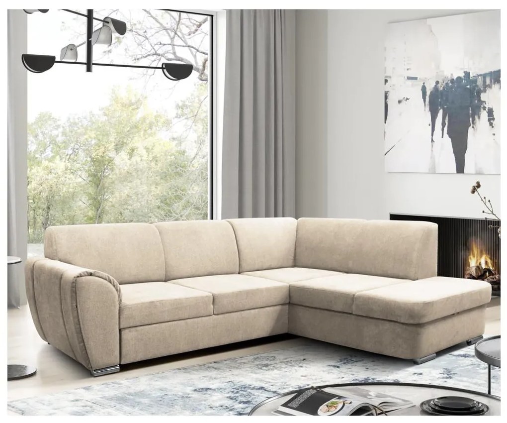 Narożnik rozkładany z pojemnikiem w układzie L SERPA — prawy, beżowy