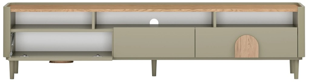 Szafka RTV Amilio 200 cm z szufladami na nóżkach - eukaliptus / dąb baltic dune / uchwyty dąb naturalny