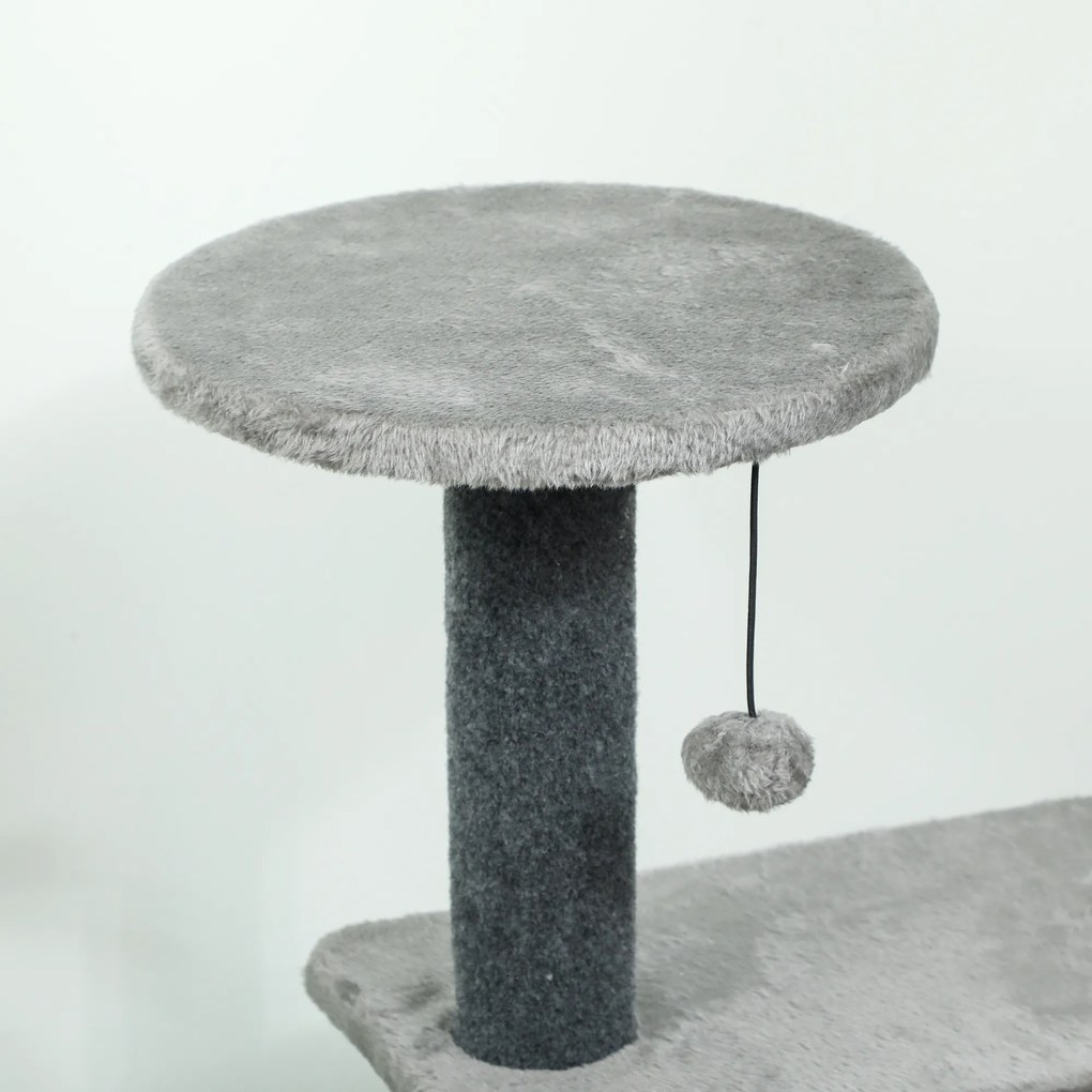 PawHut Drapak 103 cm z domkiem dla kota, platformami, słupkami owiniętymi sizalem, pluszową zawieszką, szary | Aosom PL