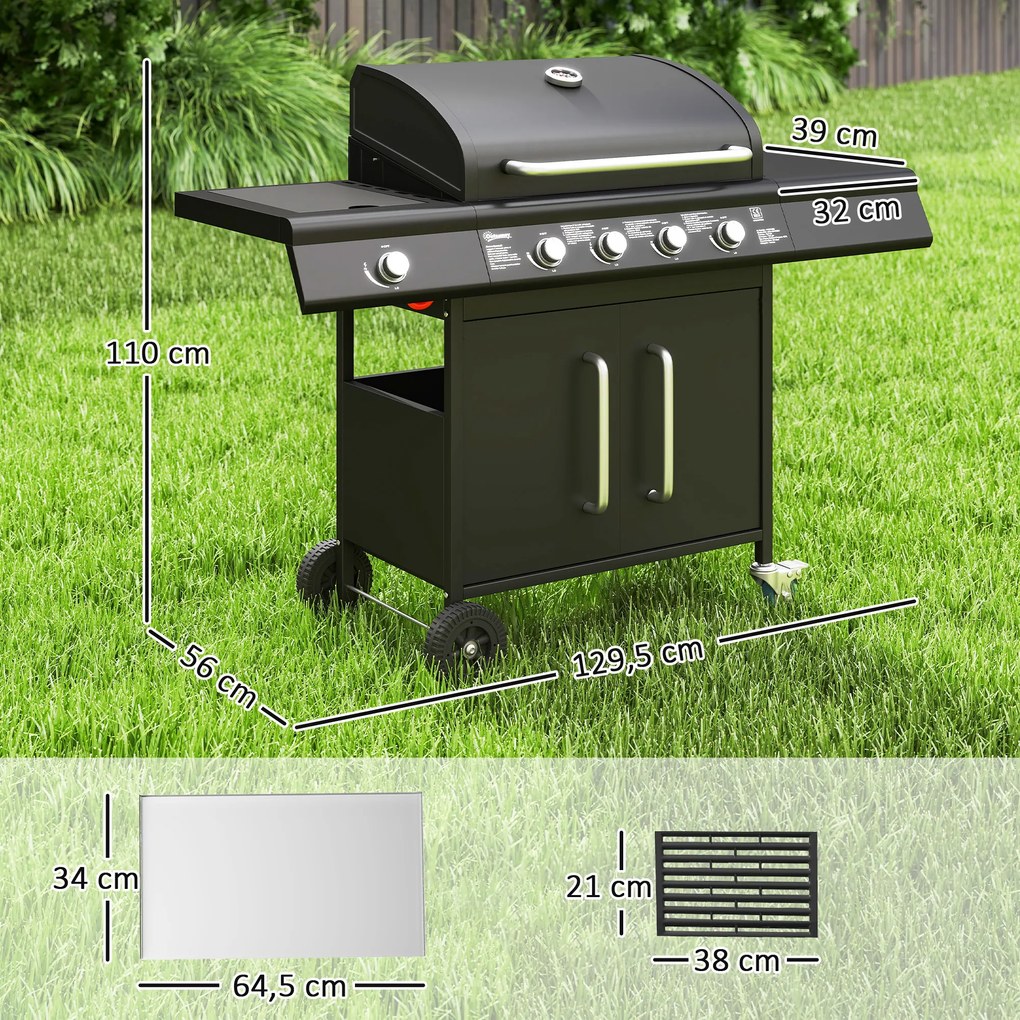 Outsunny Grill Gazowy 15,2 KW na Wózku z 5 Palnikami Nierdzewnymi Boczny Palnik 129,5 x 56 x 110 cm Czarny