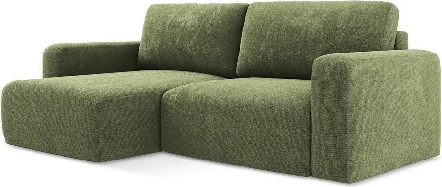 Zielony rozkładany/ze schowkiem narożnik z tkaniny szenilowej (lewostronny/z szezlongiem) Kona – Makamii