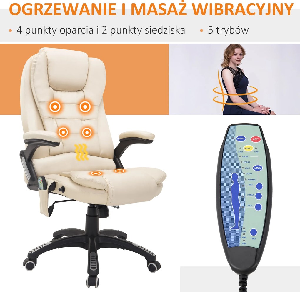 HOMCOM Krzesło biurowe ergonomiczne Masażu fotel biurowy fotel obrotowy z funkcją ogrzewania Beżowy | Aosom PL