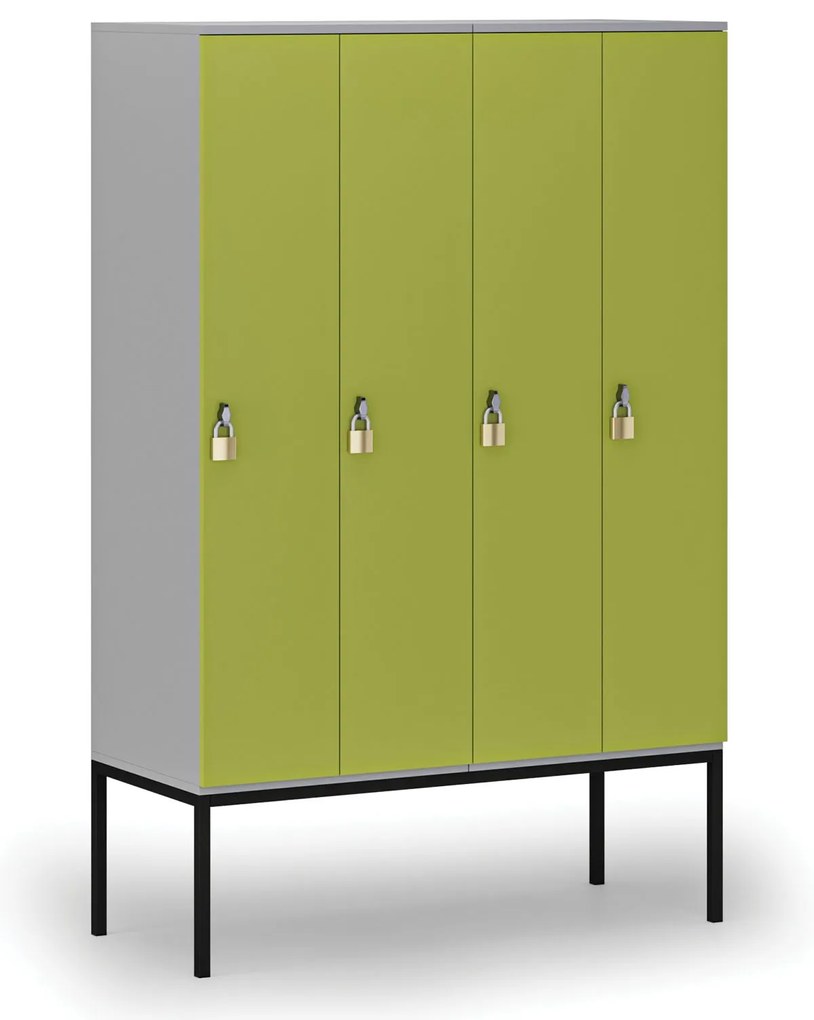 Drewniana szafa ubraniowa S4 z podstawą, 4-drzwiowa, 1871 x 1200 x 500 mm, demontaż, zamek obrotowy, szary/zielony