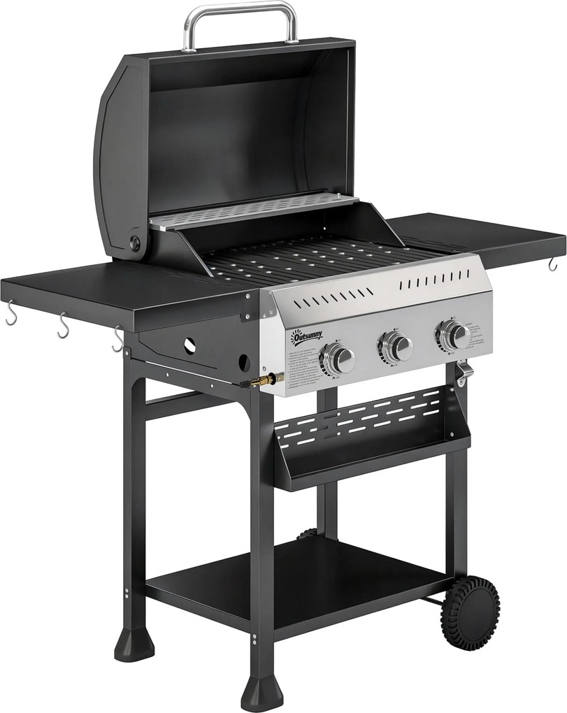 Outsunny Grill gazowy 9 kW 3 palniki BBQ wózek ze stali nierdzewnej ze składanymi półkami, uchwytem na przyprawy, dolną półką i 6 haczykami | Aosom PL