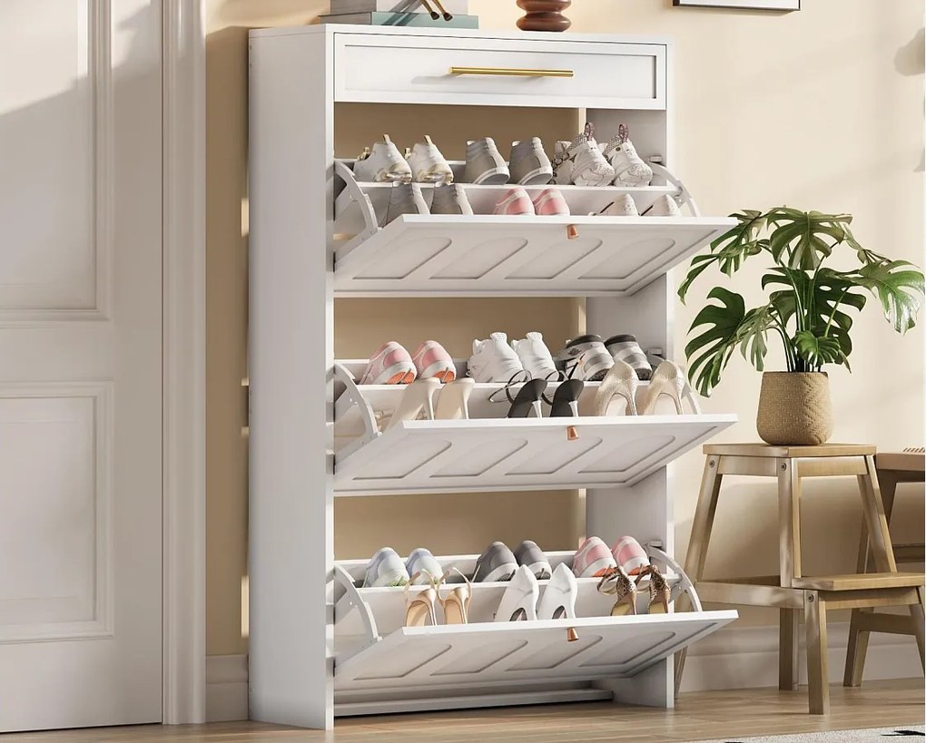 Nowoczesna szafa na buty 70x25x123,5 cm - 3 drzwi uchylne i 1 szuflada - 6 półek - MDF - Biały