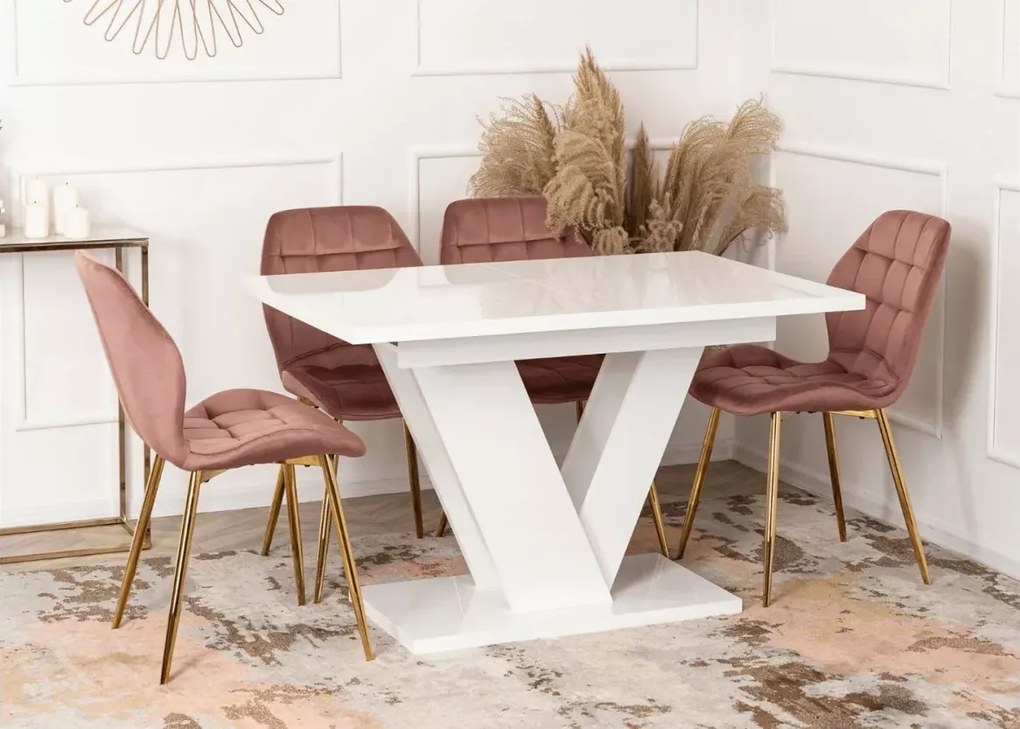 Stół Carrie rozkładany 120/160 cm do jadalni – nowoczesny stół prostokątny glamour z grubym blatem MDF i nogami w kształcie V