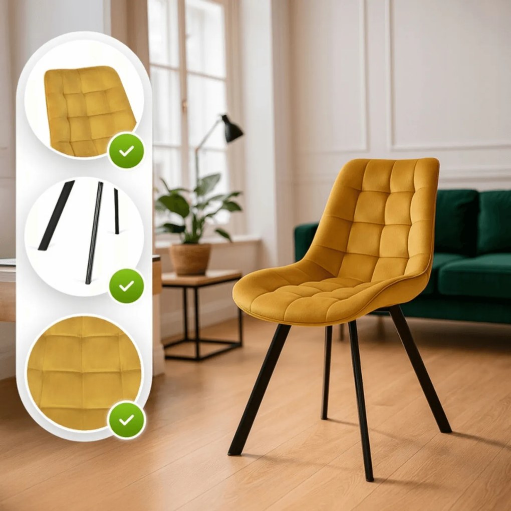 Zestaw 4x Krzesło Tapicerowane RICK do Salonu Musztardowe Welurowe Nowoczesne Loft