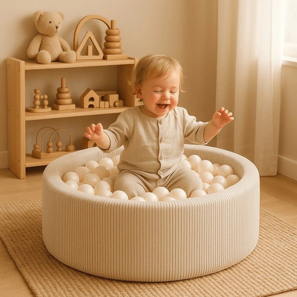 Kremowy sztruksowy basen z kulkami ø 90x30 cm Montessori – Meowbaby