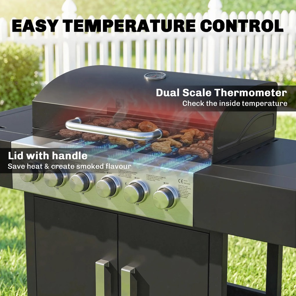 Outsunny Grill gazowy 17,8 kW 6+1 palników Wózek BBQ ze stali nierdzewnej z kółkami Palnik boczny Termometr Emaliowany ruszt | Aosom PL