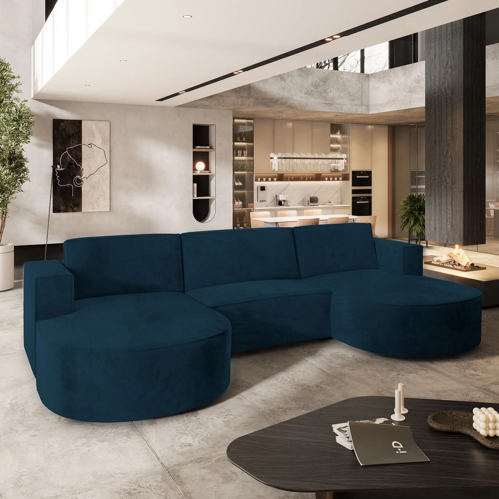Masseno Narożnik VEZZO z funkcją spania i pojemnikiem na pościel Narozniki U, Rozkładana sofa - Niebieski, MONOLITH 77
