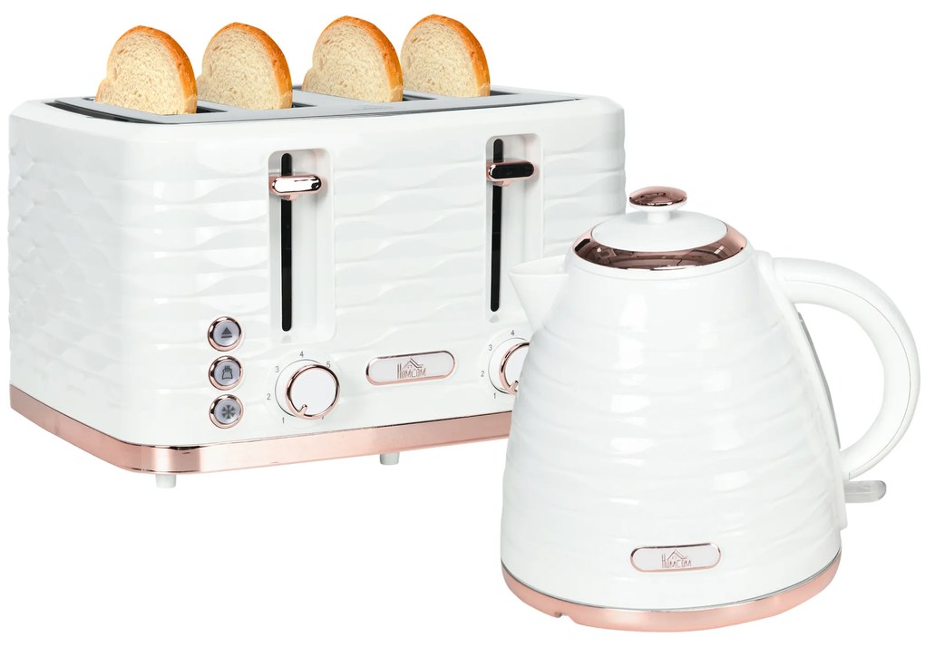 HOMCOM Zestaw czajnika i tostera 2 w 1, 7 poziomów zrumienienia, funkcje rozmrażania i podgrzewania, Kremowo-biały