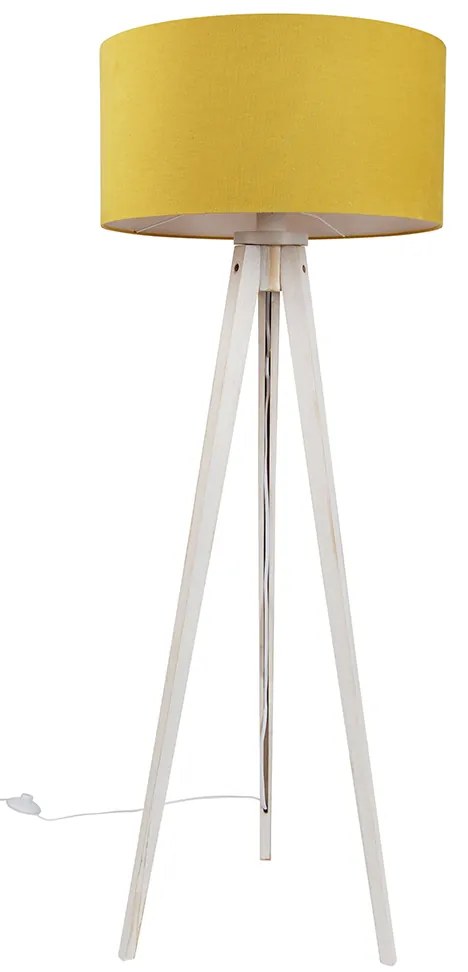 Lampa podłogowa trójnóg biała z żółtym materiałowym abażurem 50 cm - Tripod Classic Rustykalny / Vintage Oswietlenie wewnetrzne