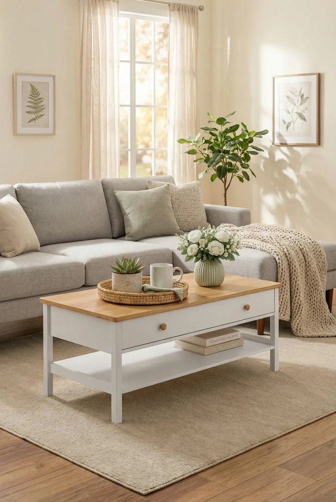 Ława Kawowa Biały Z Szufladą I Półką + Dąb Nash A5-K04