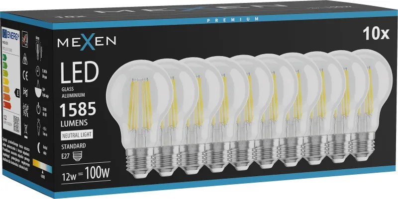 Mexen Vintis 10x żarówka filament LED E27, A60, 12W, Neutralna - 4000K, 1585 lm, clear - L150-E27-1240-00x10