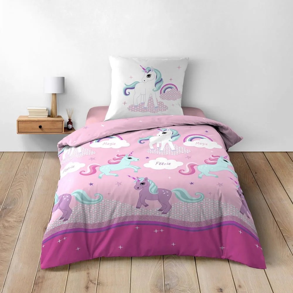 Różowa bawełniana pościel dziecięca jednoosobowa 140x200 cm Licorne – douceur d'intérieur