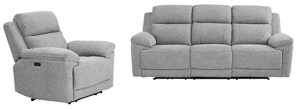 Kanapa 3-osobowa  i fotel relaksacyjny elektryczny z melanżowej tkaniny szarej KELUNO