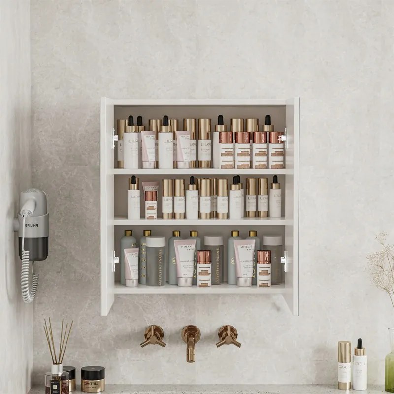 Szafka łazienkowa z lustrem ściennym 60x60x22 cm – 2 drzwi, biała, nowoczesny design