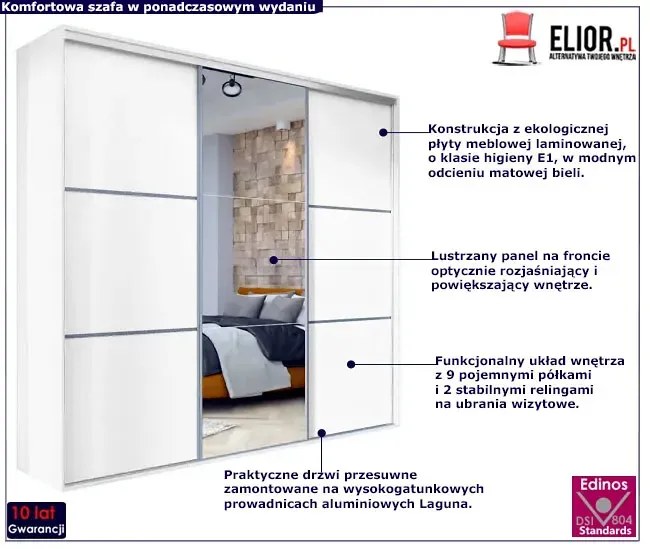Biała przesuwna szafa z lustrem 275 cm - Estori 6X
