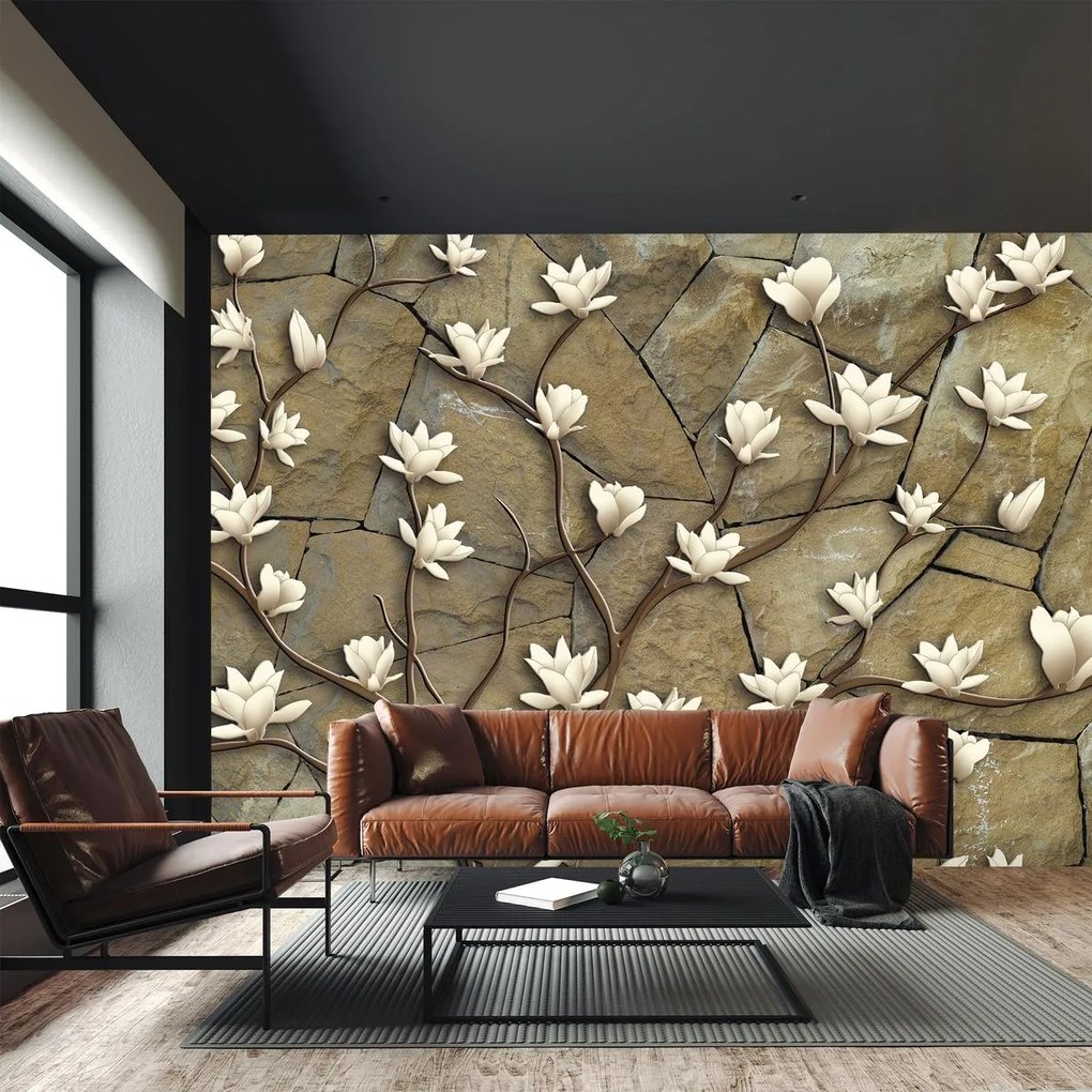 Fototapeta - Białe magnolie na kamieniu (196x136 cm)