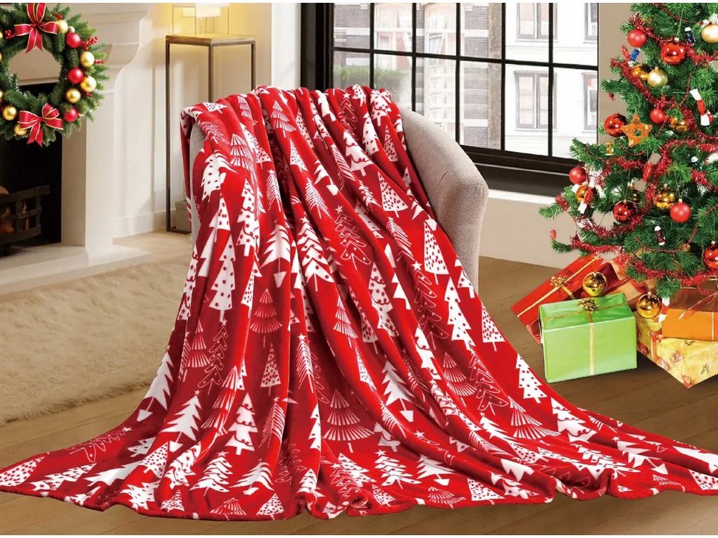 Czerwony świąteczny koc z mikropluszu CHRISTMAS TREES Rozmiar: 160 x 200 cm