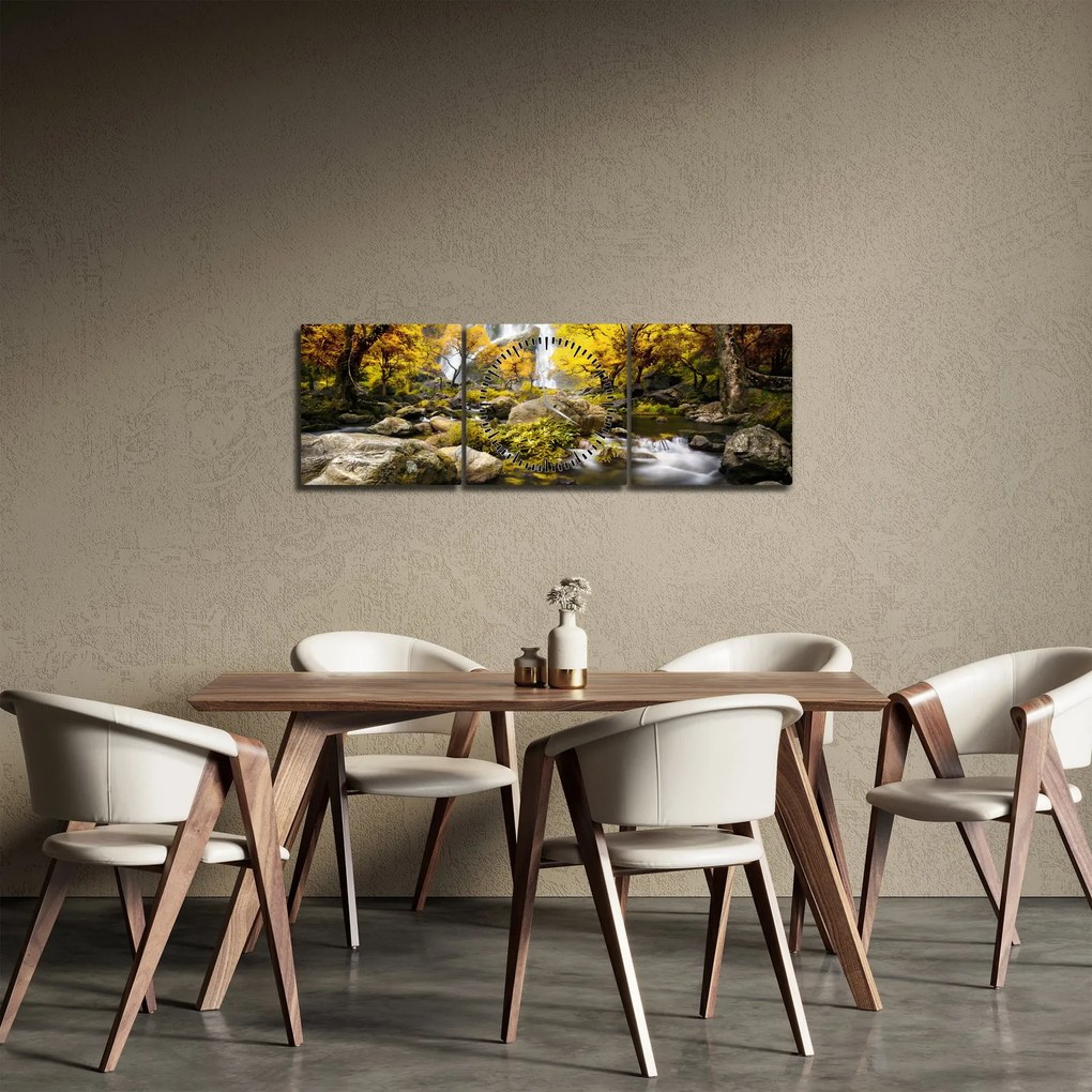 Obraz - Wodospady w jesiennym krajobrazie, żółty (z zegarem) (90x30 cm)
