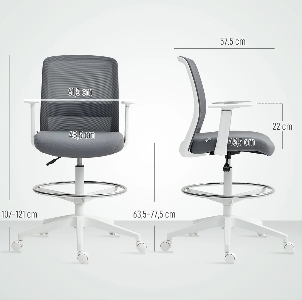 HOMCOM Krzesło biurowe, obrotowe, na kółkach, z oparciem z siatki, poduszką piankową, Szare