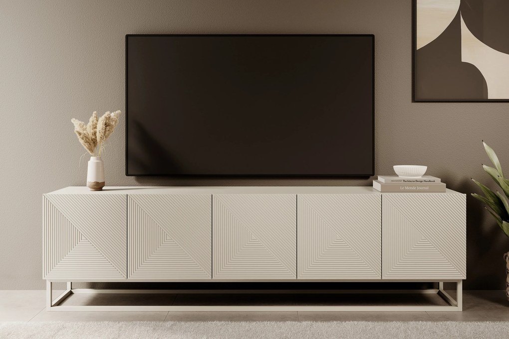 Szafka RTV Asha 200 cm z ryflowanym frontem i kaszmirowym stelażem - kaszmir