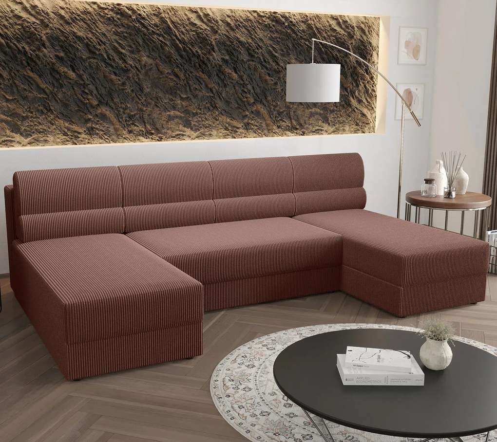 Różowy narożnik sztruksowy z funkcją spania - Torvesso