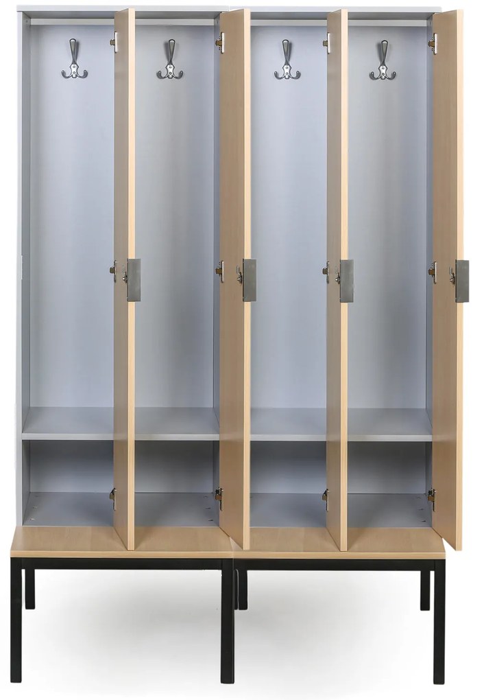 Drewniana szafa ubraniowa S4 z ławką, 4-drzwiowa, 1871 x 1200 x 500/800 mm, demontaż, zamek kodowy, szary/zielony