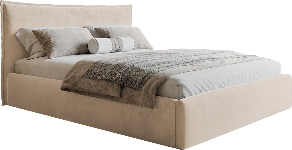 Łóżko z pojemnikiem 140x200 Zenito Slim - stelaż metalowy, zagłowie-poduszka - beżowy (Amor Velvet 4304)