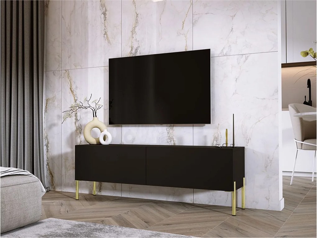 Szafka RTV: Czarny mat, złote nogi, 140 x 52 x 32 cm