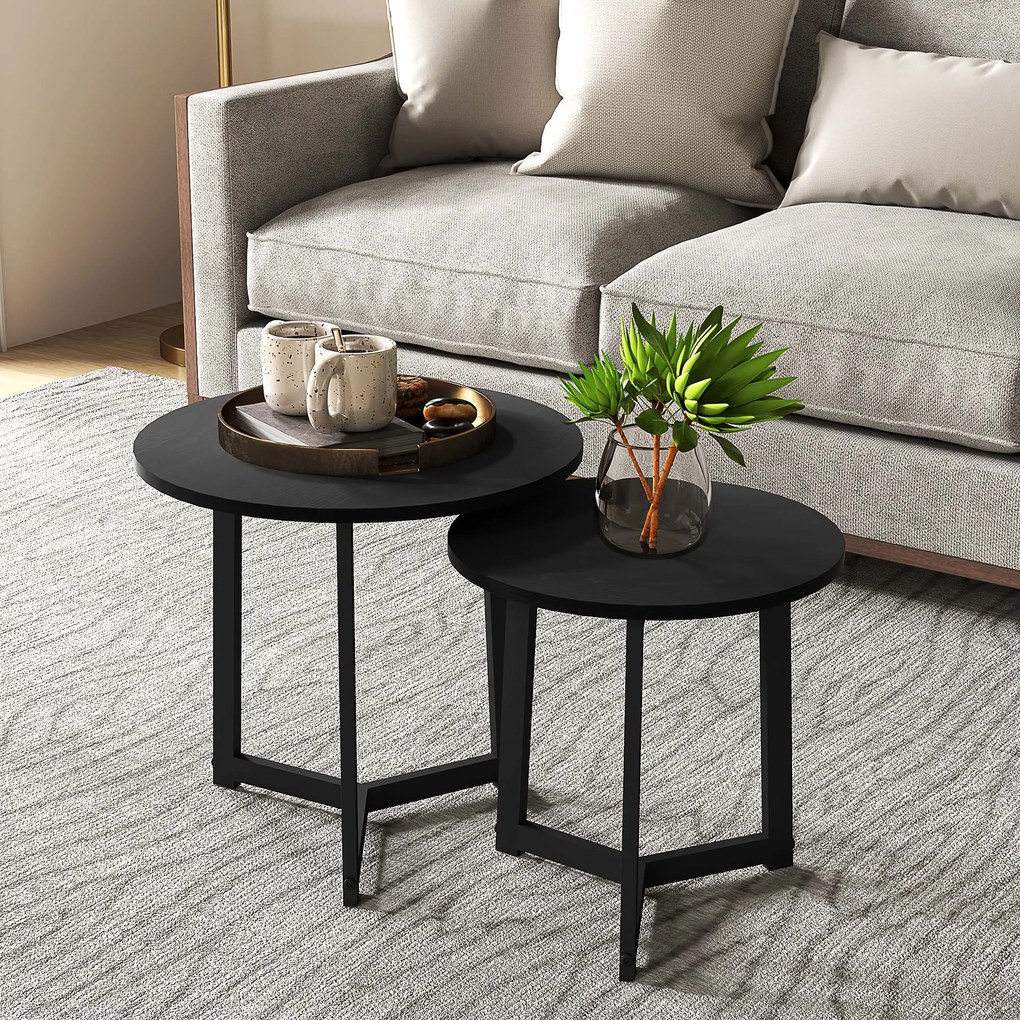 HOMCOM Nowoczesny zestaw 2 stolików kawowych, Rama metalowa, MDF, Okrągły design, Wsuwane, Czarny