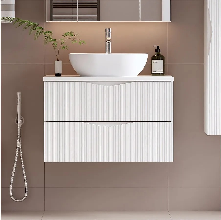 Biały Zestaw do Łazienki 80cm Szafka z Blatem Ryflowane Fornty Cleo
