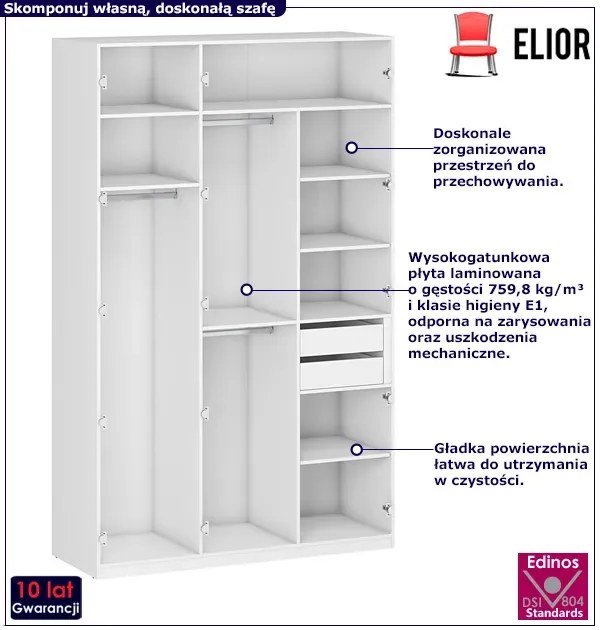 Biały korpus szafy z półkami i drążkami 150 cm M6-E57