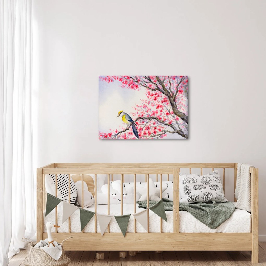 Obraz - ptak na drzewie z czerwonymi kwiatami (70x50 cm)