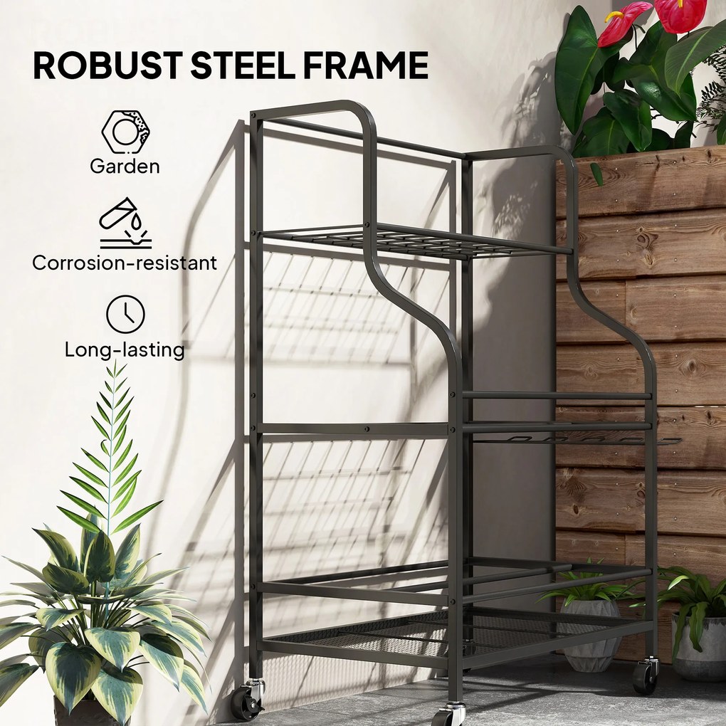 Outsunny Organizer Narzędzi Ogrodowych 3-poziomowy Stojak na Narzędzia Ogrodowe z Hakami do 40 kg 77x40x97cm Czarny