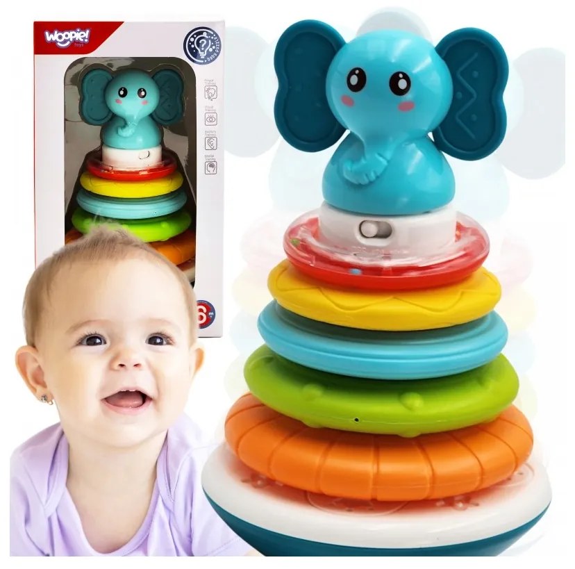 Woopie baby piramida wieża interaktywna słonik z obręczami grzechotka