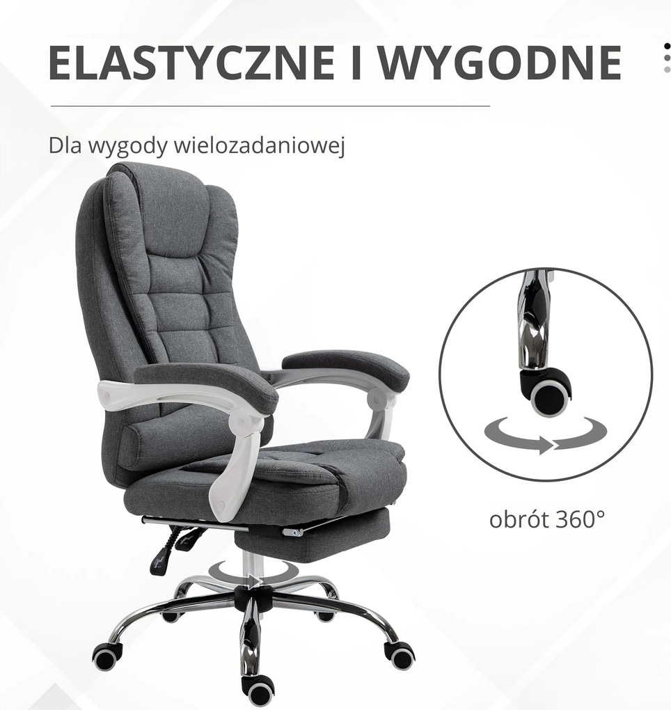 Vinsetto Fotel biurowy z podnóżkiem szary tkanina lniana wygodny regulowany ergonomiczny fotel do pracy | Aosom PL