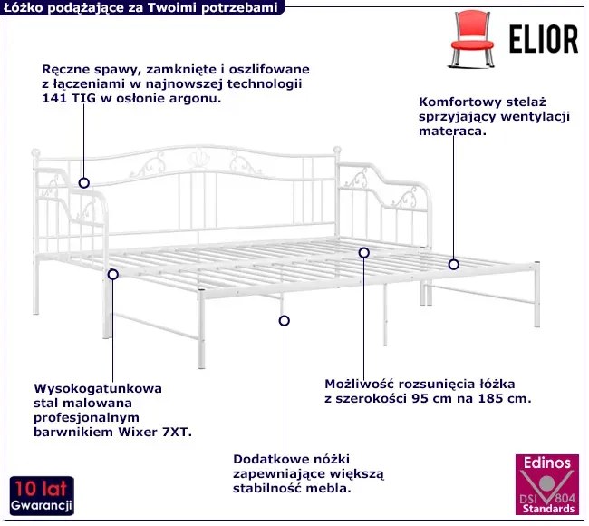 Metalowe rozkładane łóżko rustykalne kolor biały 90x200 cm Novello