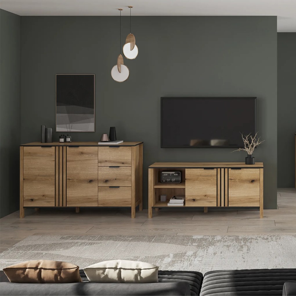 Komoda Dwudrzwiowa z Szufladami i Lamelami Drewniana do Salonu VERVE 138 cm Dąb Evok Klasyczna Loft