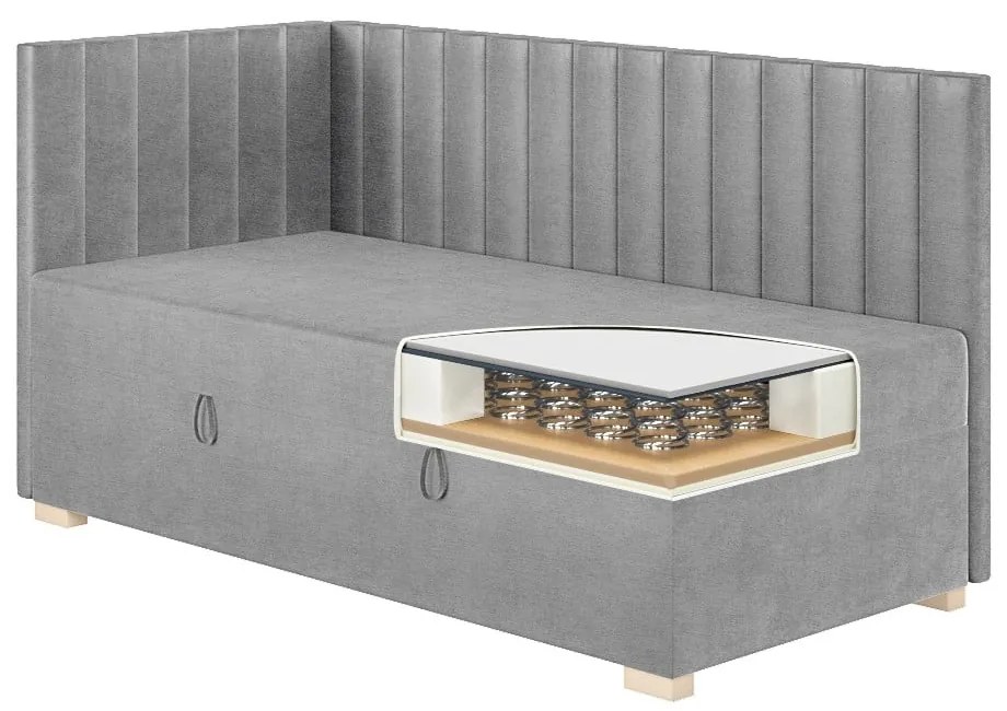 Szare narożne łóżko dziecięce ze schowkiem i materacem 90x200 cm Snugi – Ghado