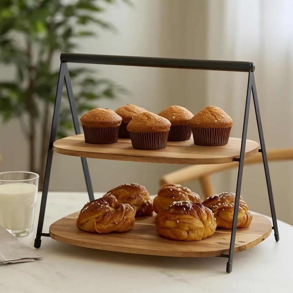 Dwupoziomowa patera na przekąski QUEST, poziomy z drewna akacji, 27 x 18 x 25 cm