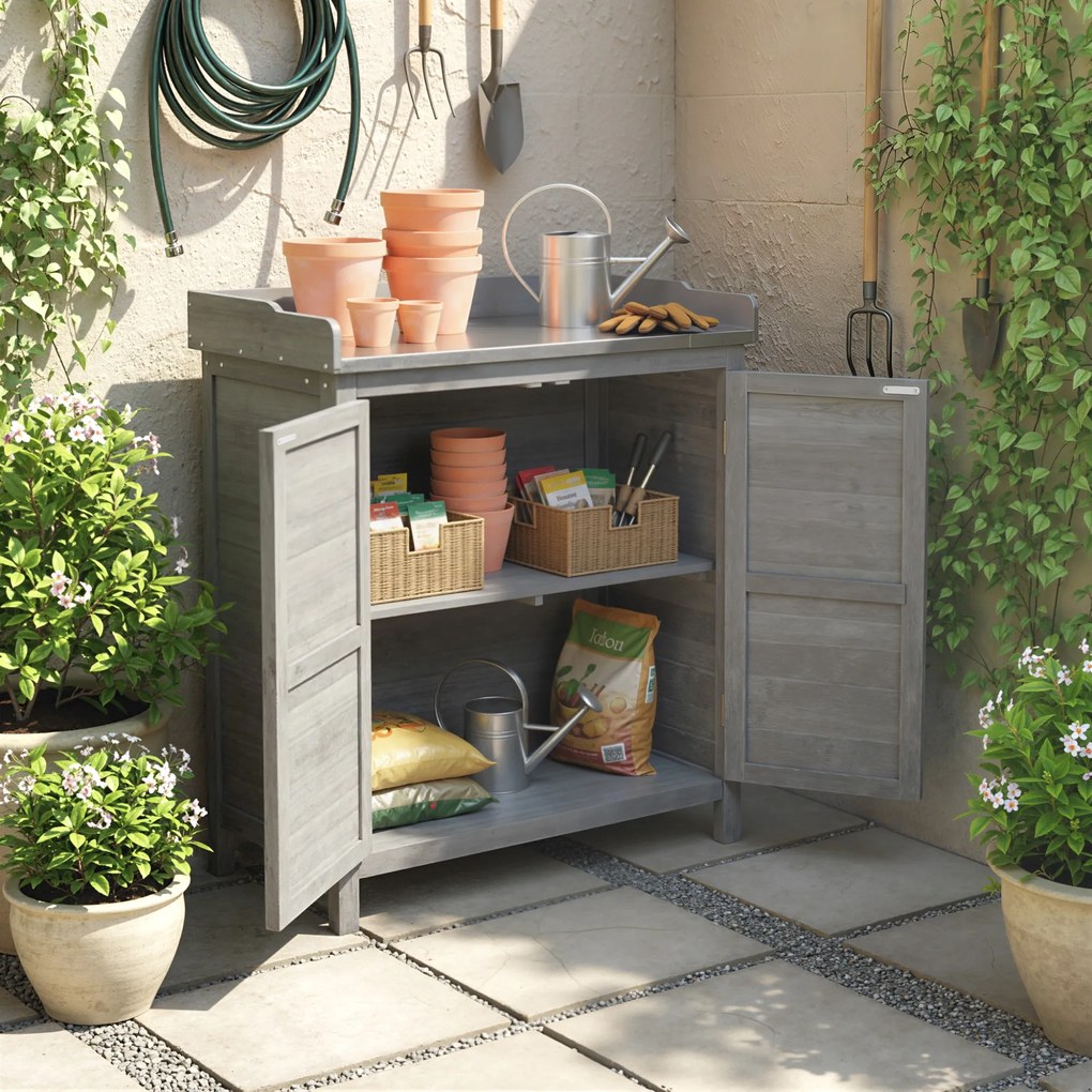 Outsunny Stół do przesadzania z szafką z drewna, ogrodowa szafka z ocynkowanym blatem, 2 półki, szary | Aosom PL