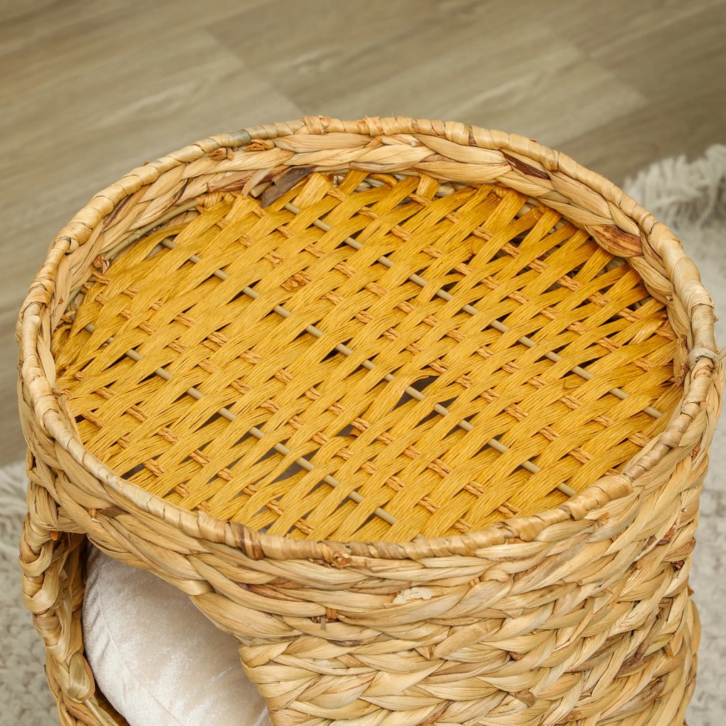 PawHut Drapak 50 cm, 2 jaskinie, poduszka, beczka dla kota z hiacyntu wodnego, Jasnobrązowy