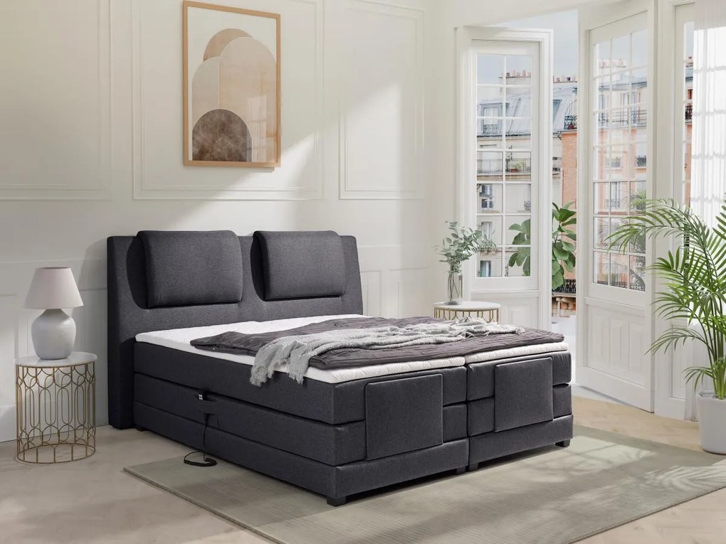 Łóżko kontynentalne: zagłowie + elektryczne stelaże relaksacyjne + materace + nakładki na materac CASTEL marki PALACIO -  2 x 80 x 200 cm - Tkanina antracyt