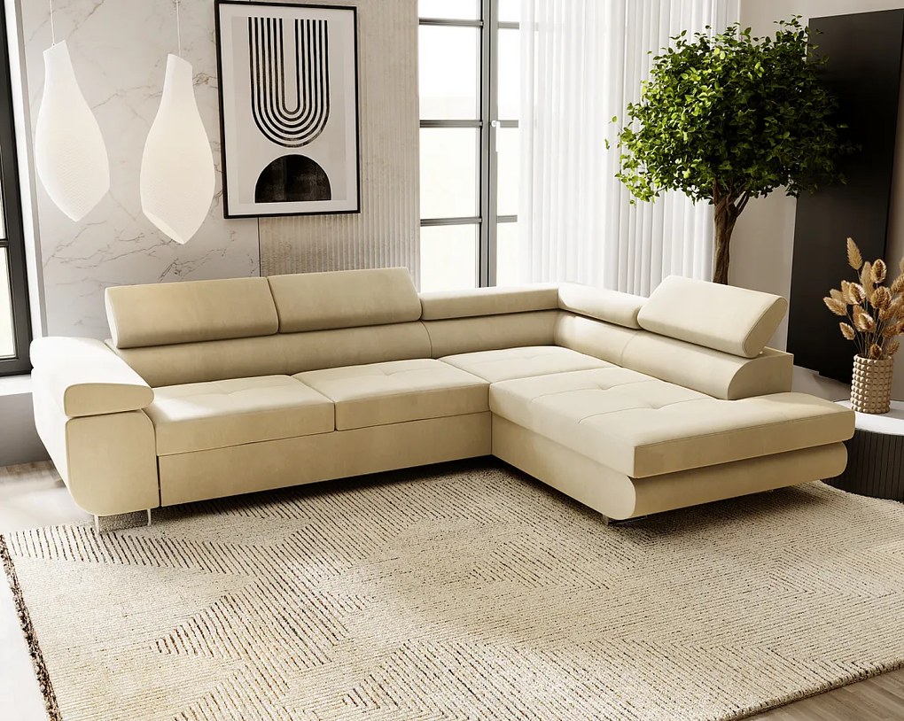 Emporius Sorlo narożnik z funkcją spania i pojemnikiem - regulowane zagłówki, prawostronny, tkanina aksamitna, wanilia (Amor Velvet 4323)