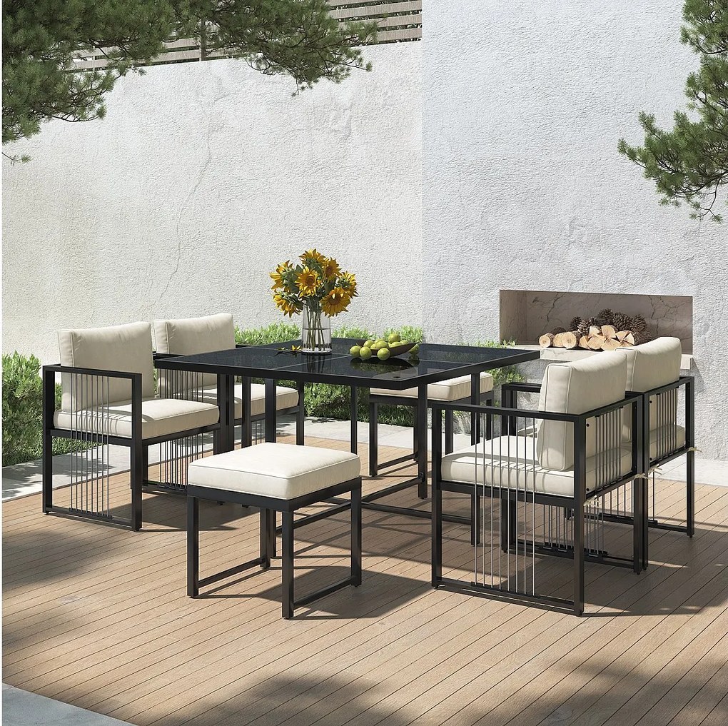 Zestaw mebli ogrodowych metalowych 6-osobowy: stół jadalny + 4 fotele + 2 hokery - na taras, do ogrodu i na balkon - Biały + czarny
