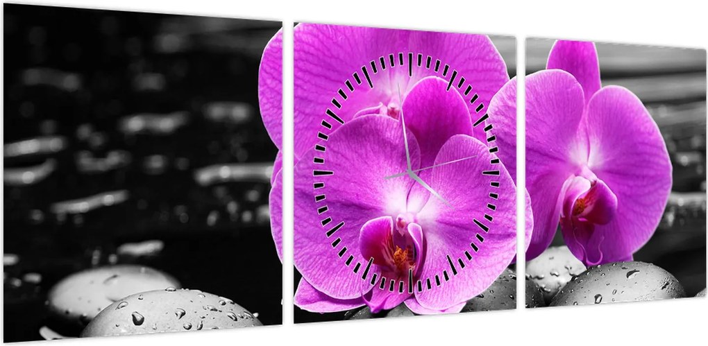 Obraz - Fioletowe orchidee (z zegarem) (90x30 cm)