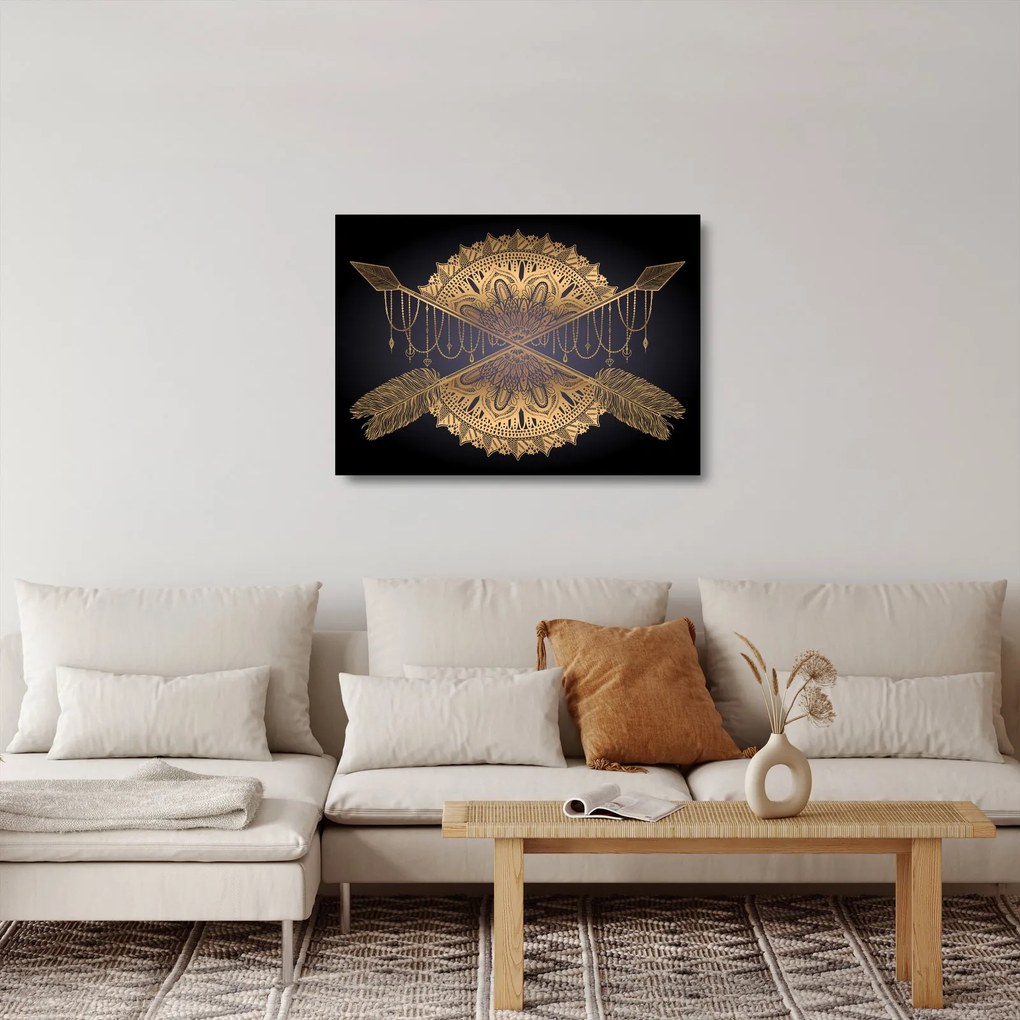 Obraz na szkle - Złota mandala ze strzałkami (70x50 cm)
